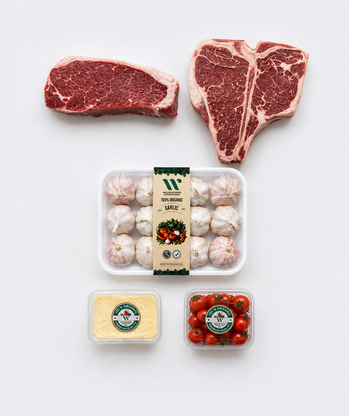 Steak Night Box (2 Grass-Fed Steaks, Butter, Garlic & Cherry Tomatoes)
