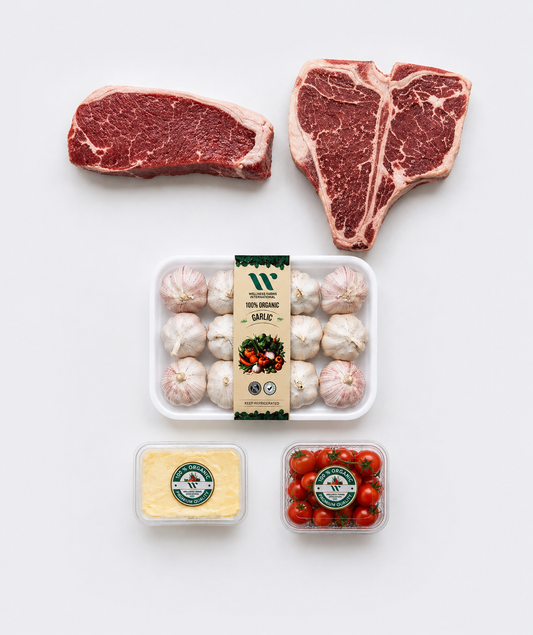 Steak Night Box (2 Grass-Fed Steaks, Butter, Garlic & Cherry Tomatoes)